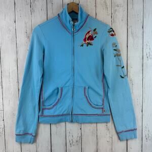 VTG Twisted Heart Blue Y2K Floral Embroidered Sequin Full Zip Jacket Size Medium